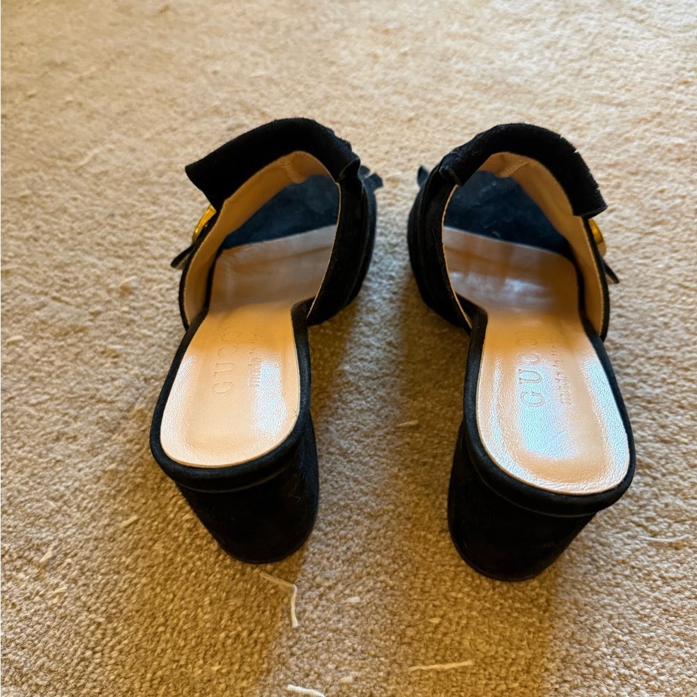 Gucci Black Suede Fringe Block Heel Mules with Gold GG - Picture 4 of 4
